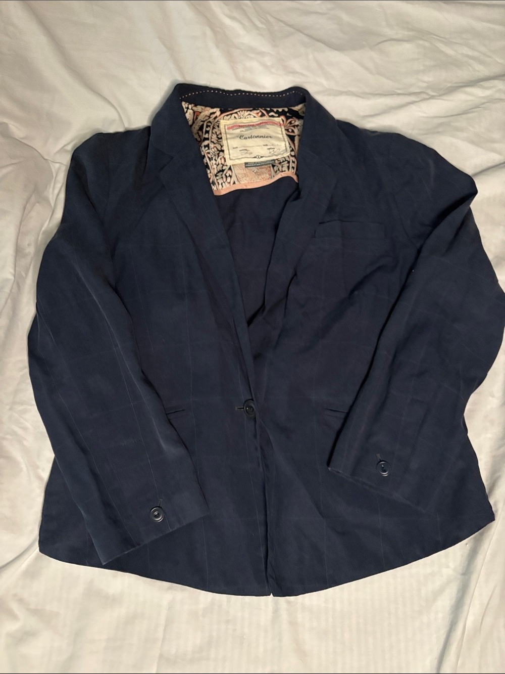 Anthropologie Cartonnier Navy Linen Cotton Blazer Size 4 Printed Lining